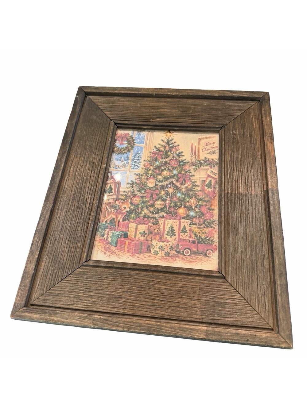 Vintage Upcycled Framed Wood Christmas Tree Print 11x13 Farmhouse Rustic Decor